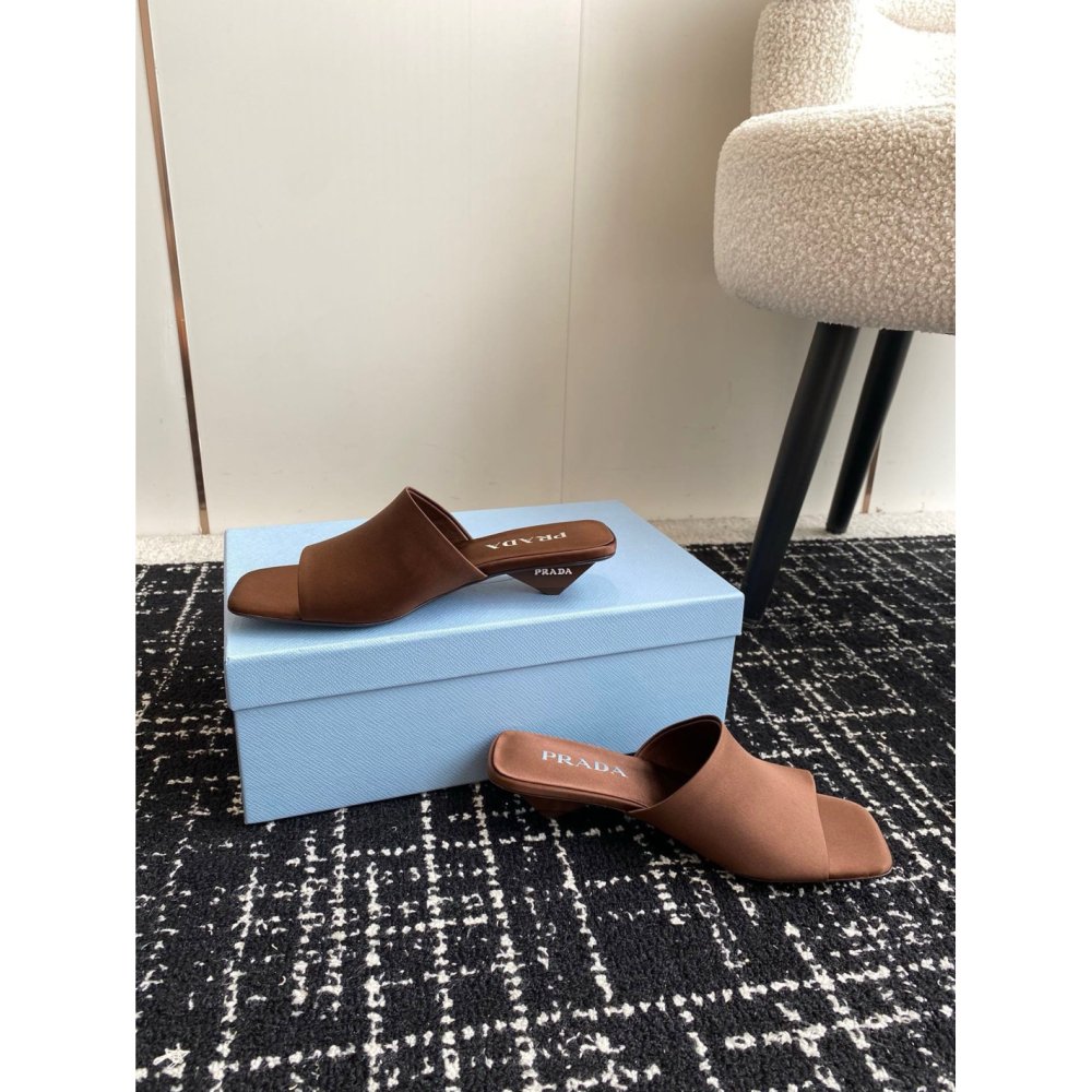 Cheap Reps Prada Heeled Slides 35mm in Tobacco Satin