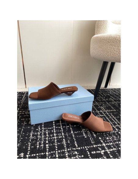 Cheap Reps Prada Heeled Slides 35mm in Tobacco Satin