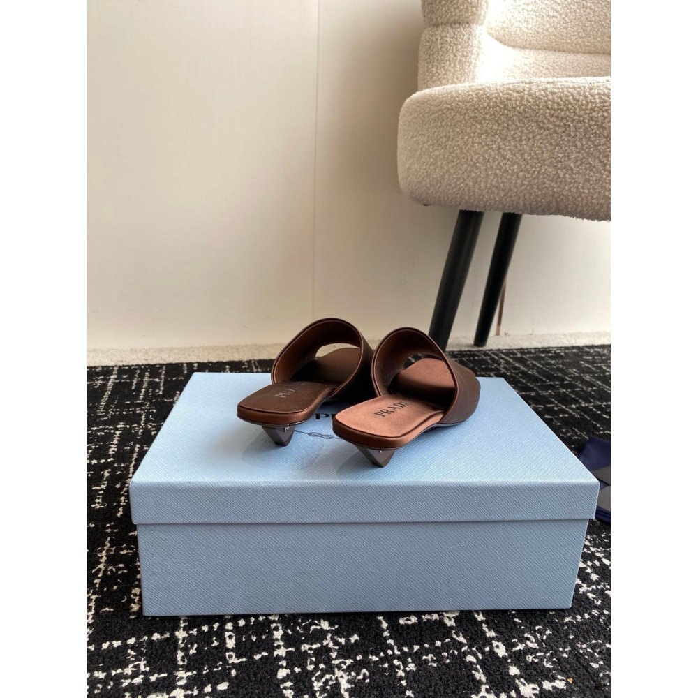 Cheap Reps Prada Heeled Slides 35mm in Tobacco Satin