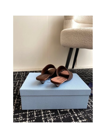 Cheap Reps Prada Heeled Slides 35mm in Tobacco Satin