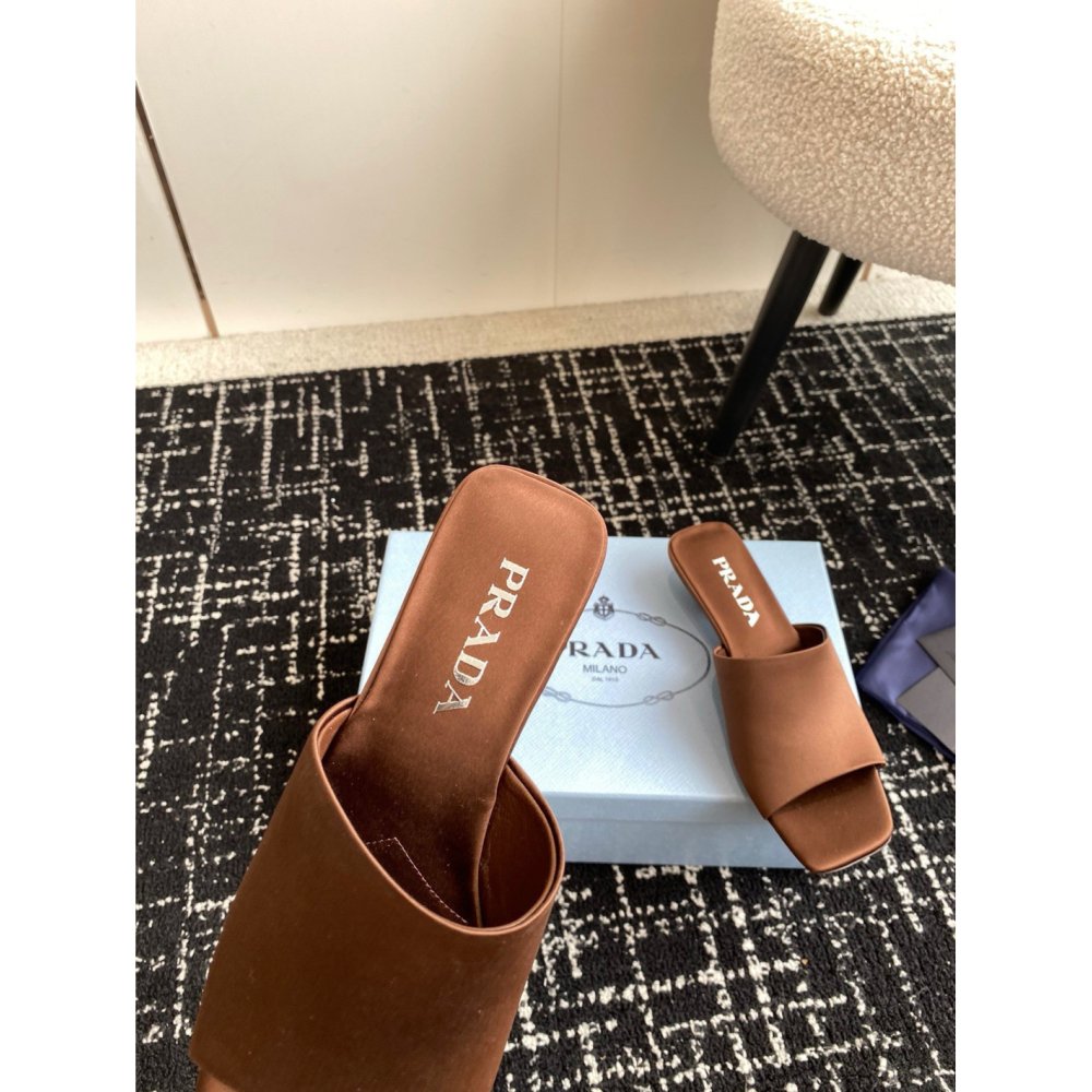 Cheap Reps Prada Heeled Slides 35mm in Tobacco Satin