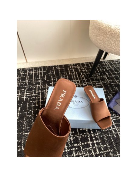 Cheap Reps Prada Heeled Slides 35mm in Tobacco Satin