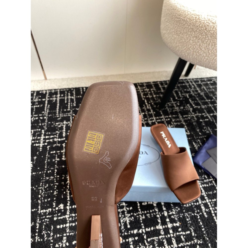 Cheap Reps Prada Heeled Slides 35mm in Tobacco Satin