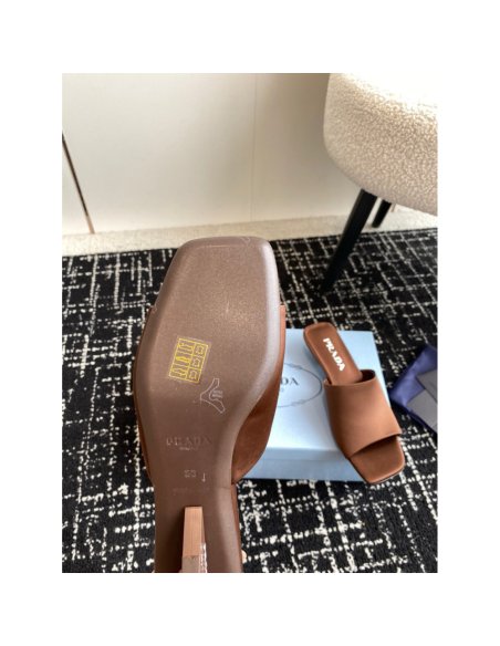 Cheap Reps Prada Heeled Slides 35mm in Tobacco Satin