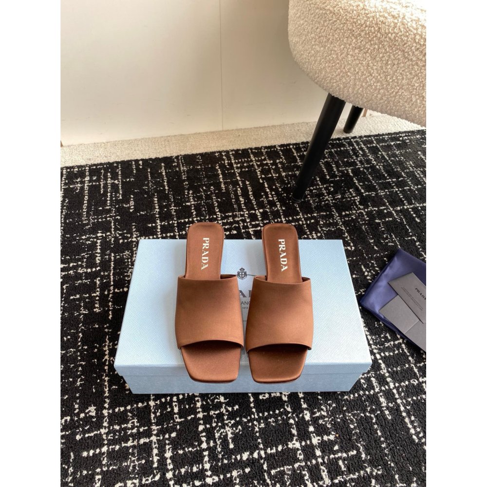 Cheap Reps Prada Heeled Slides 35mm in Tobacco Satin
