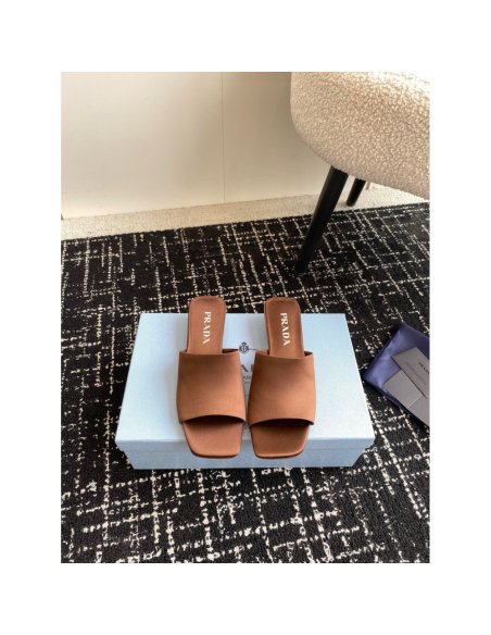 Cheap Reps Prada Heeled Slides 35mm in Tobacco Satin