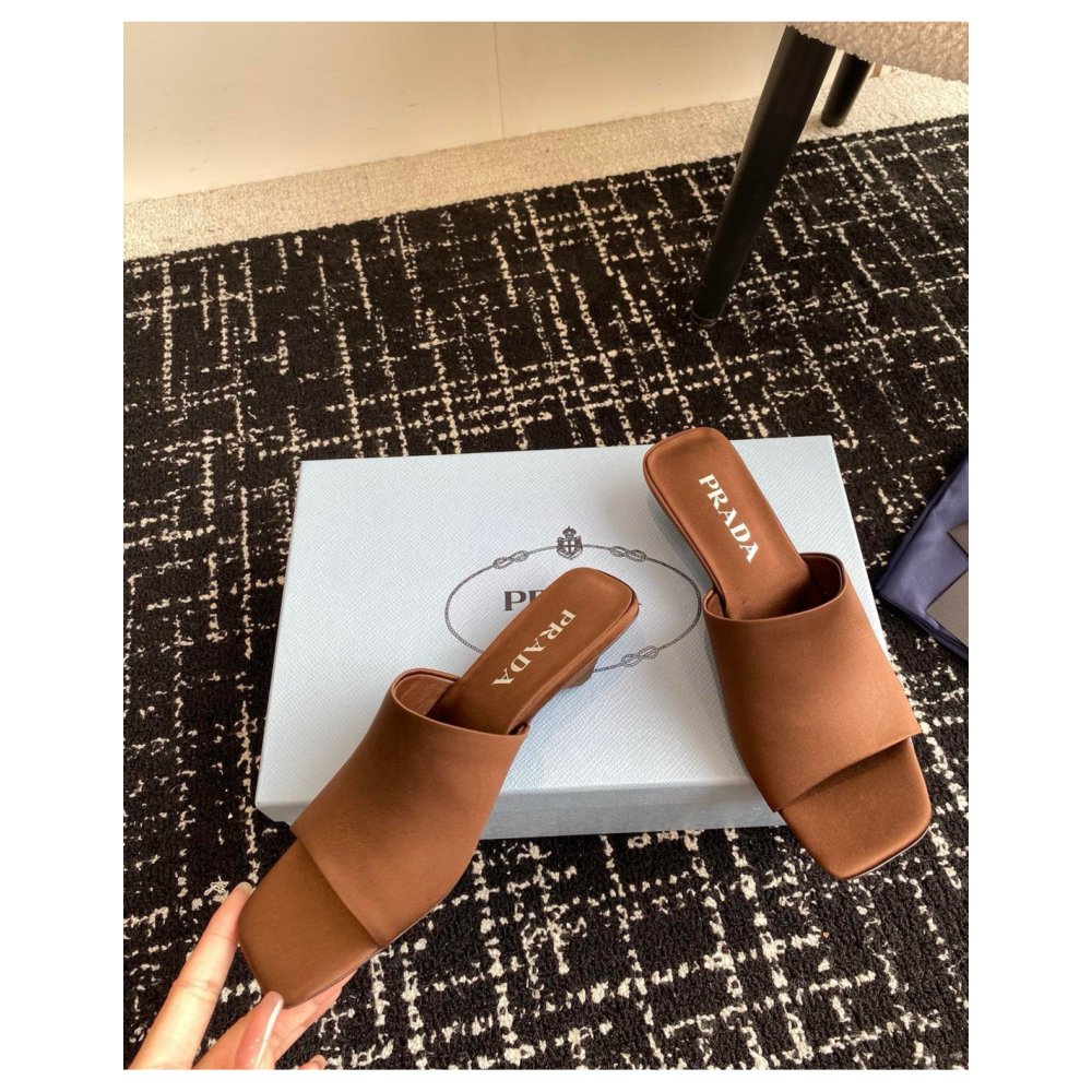 Cheap Reps Prada Heeled Slides 35mm in Tobacco Satin