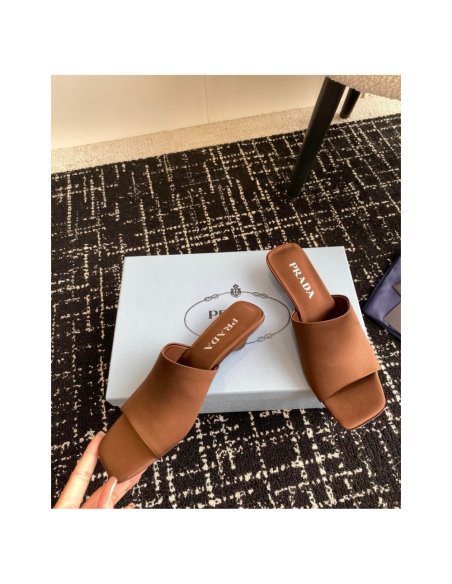 Cheap Reps Prada Heeled Slides 35mm in Tobacco Satin