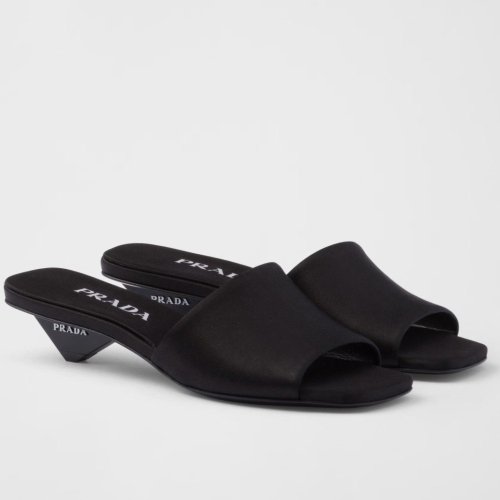 Cheap Reps Prada Heeled Slides 35mm in Black Satin