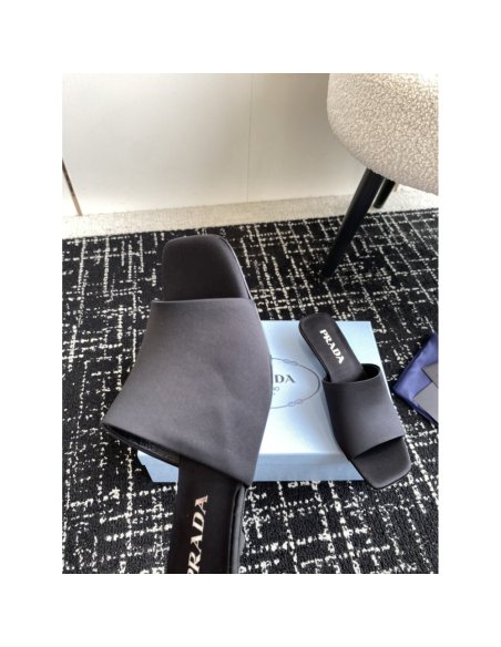 Cheap Reps Prada Heeled Slides 35mm in Black Satin
