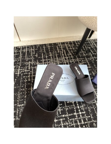 Cheap Reps Prada Heeled Slides 35mm in Black Satin