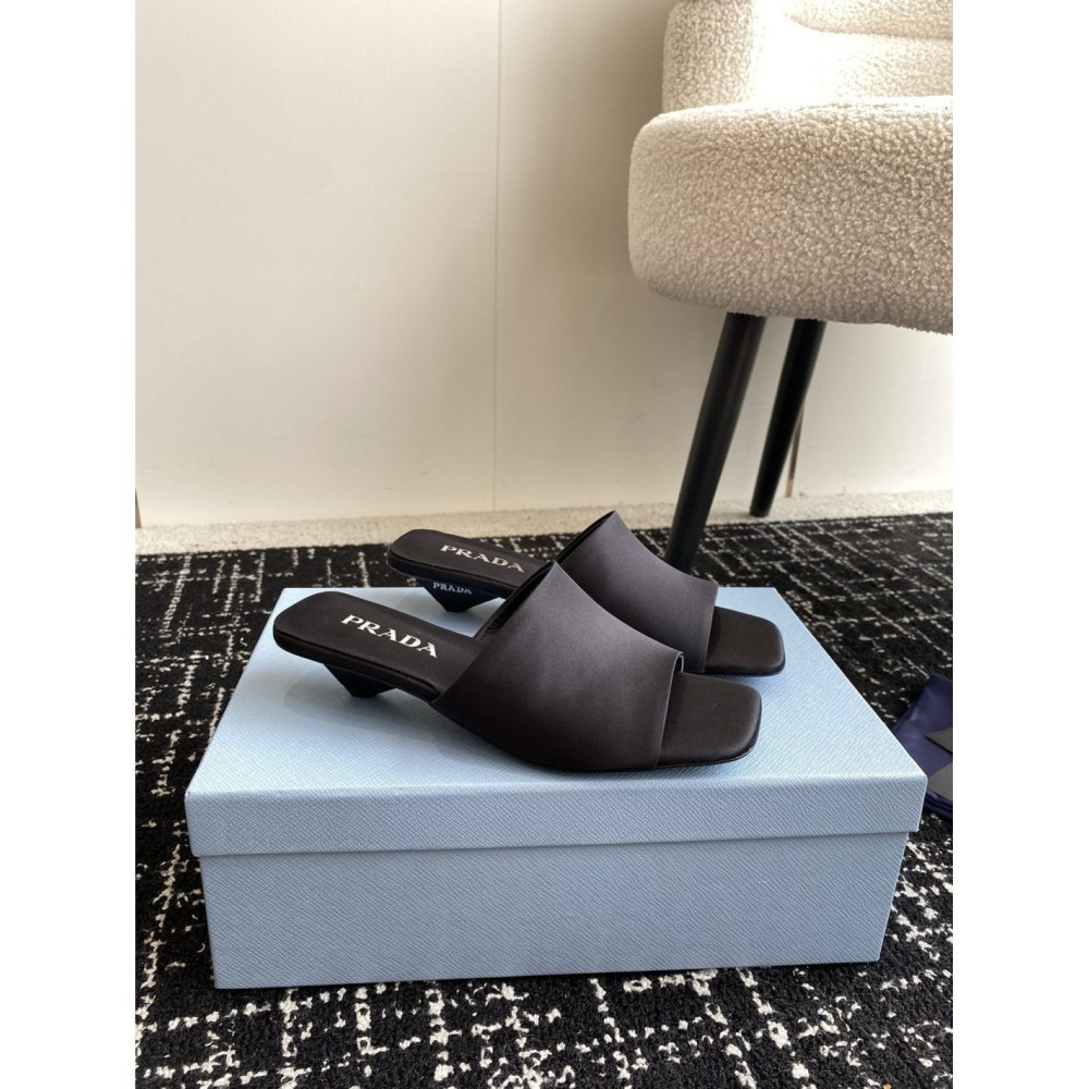 Cheap Reps Prada Heeled Slides 35mm in Black Satin