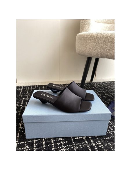 Cheap Reps Prada Heeled Slides 35mm in Black Satin