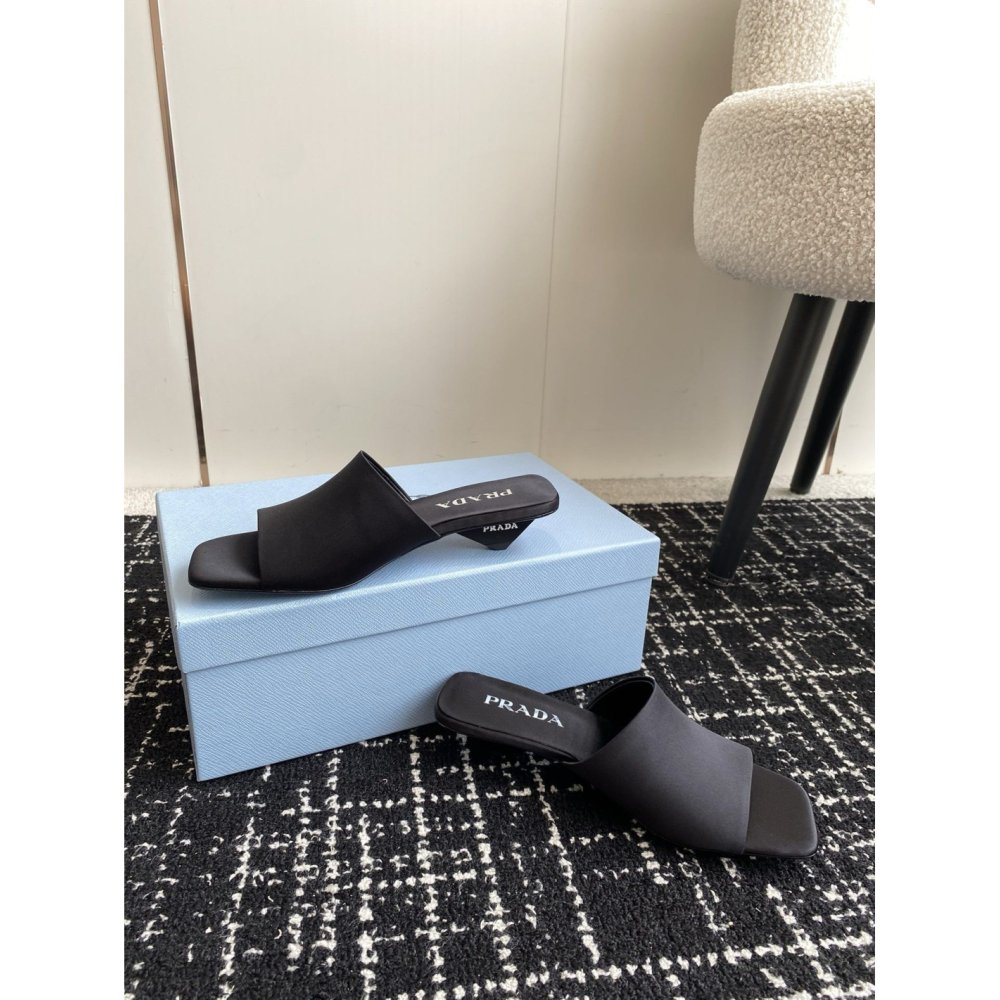 Cheap Reps Prada Heeled Slides 35mm in Black Satin