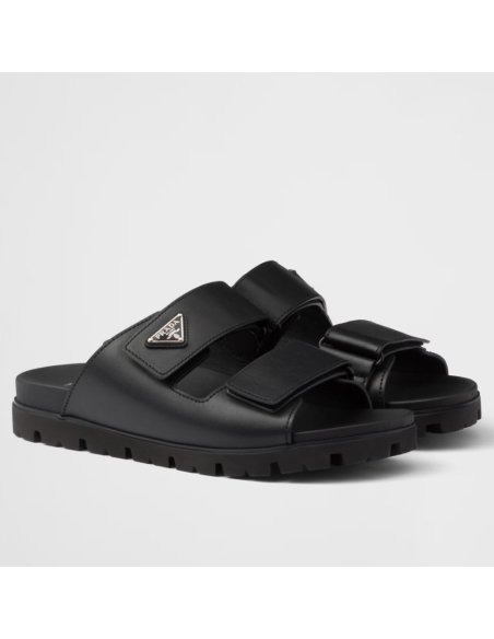 Cheap Reps Prada Womens Strap Slides Sandals in Black Calfskin