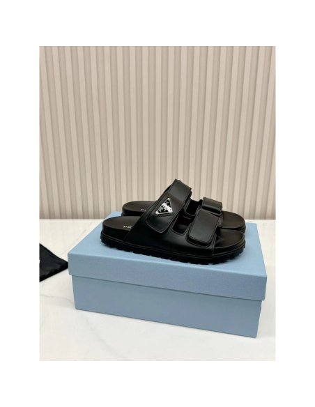 Cheap Reps Prada Womens Strap Slides Sandals in Black Calfskin