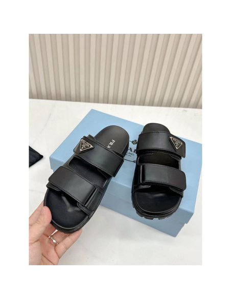 Cheap Reps Prada Womens Strap Slides Sandals in Black Calfskin