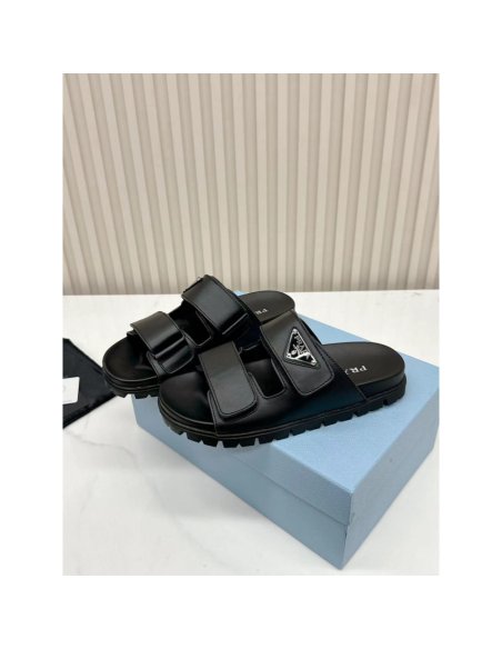 Cheap Reps Prada Womens Strap Slides Sandals in Black Calfskin