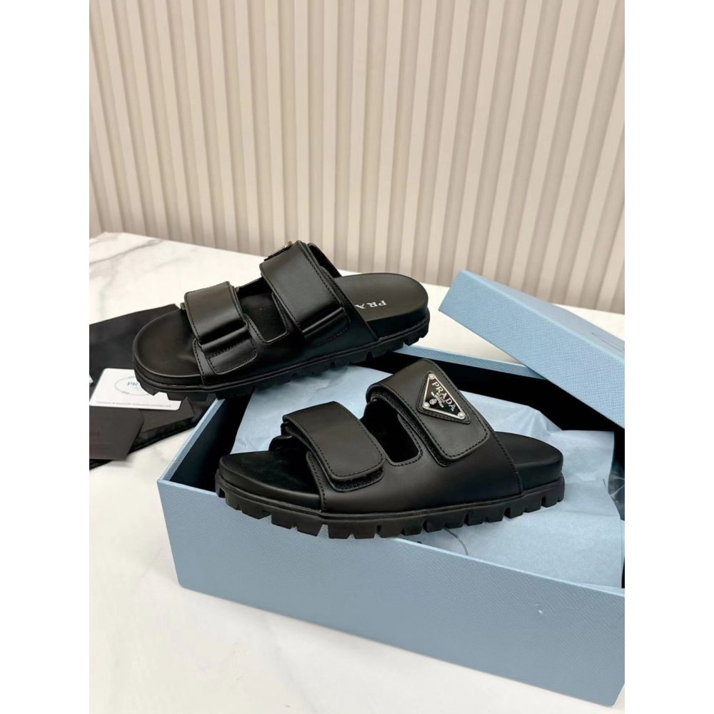 Cheap Reps Prada Womens Strap Slides Sandals in Black Calfskin