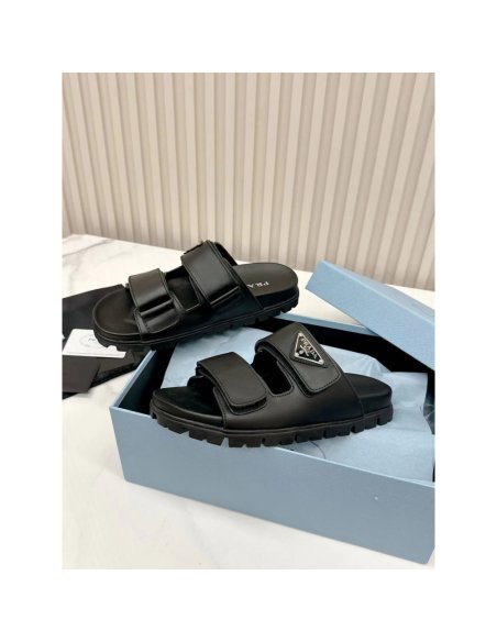 Cheap Reps Prada Womens Strap Slides Sandals in Black Calfskin