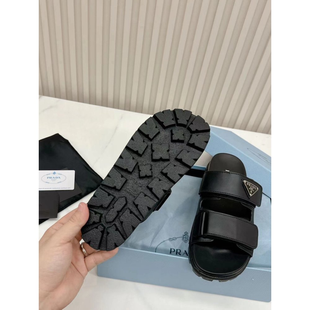 Cheap Reps Prada Womens Strap Slides Sandals in Black Calfskin