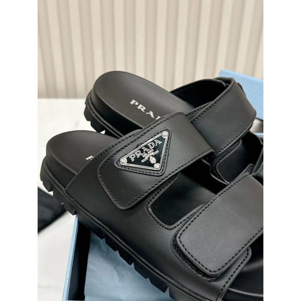 Cheap Reps Prada Womens Strap Slides Sandals in Black Calfskin