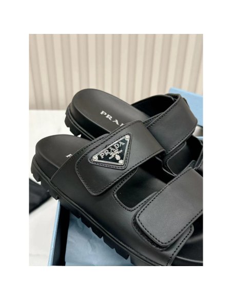 Cheap Reps Prada Womens Strap Slides Sandals in Black Calfskin