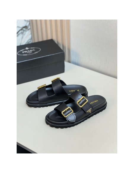 Cheap Reps Prada Womens Strap Slides Sandals in Black Leather