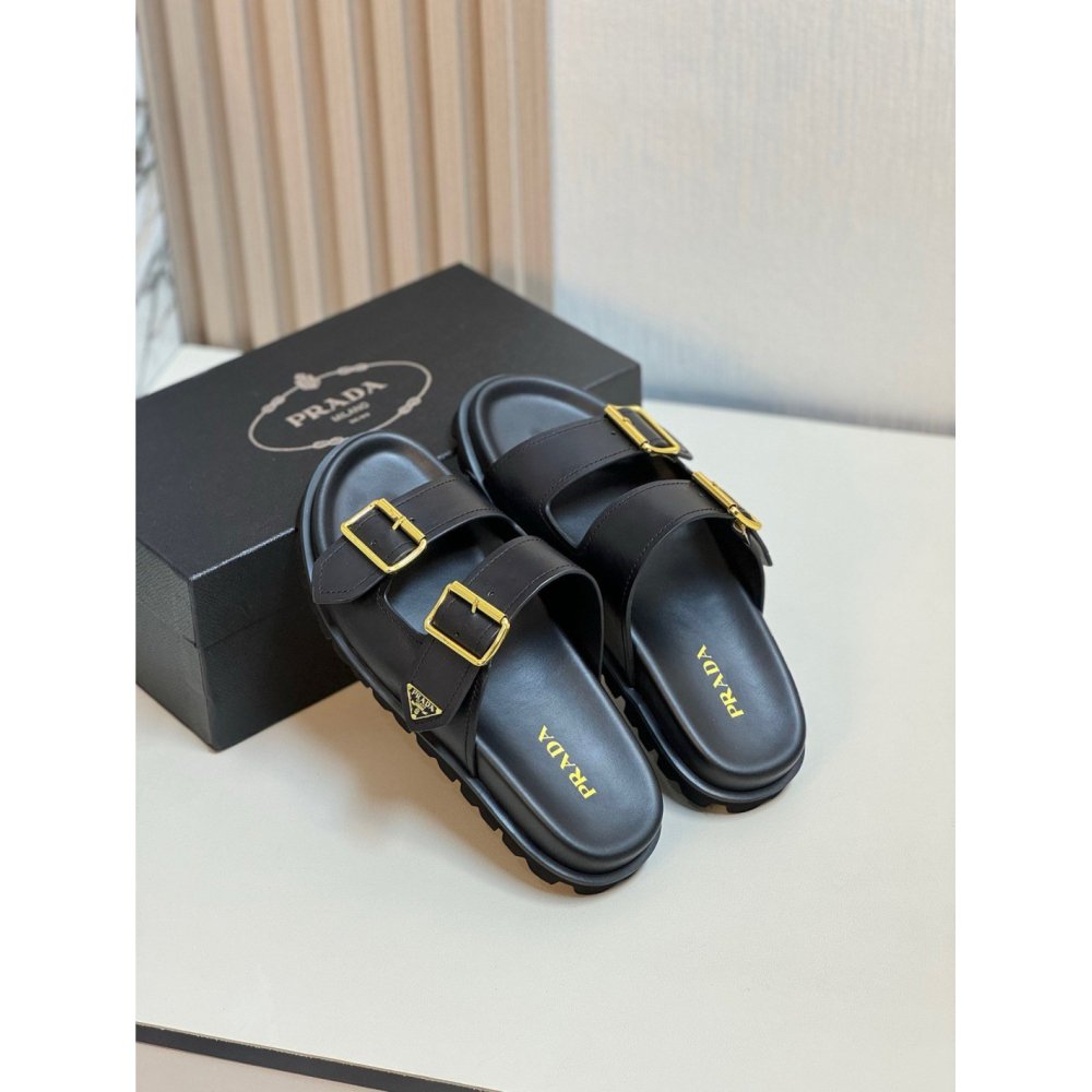 Cheap Reps Prada Womens Strap Slides Sandals in Black Leather
