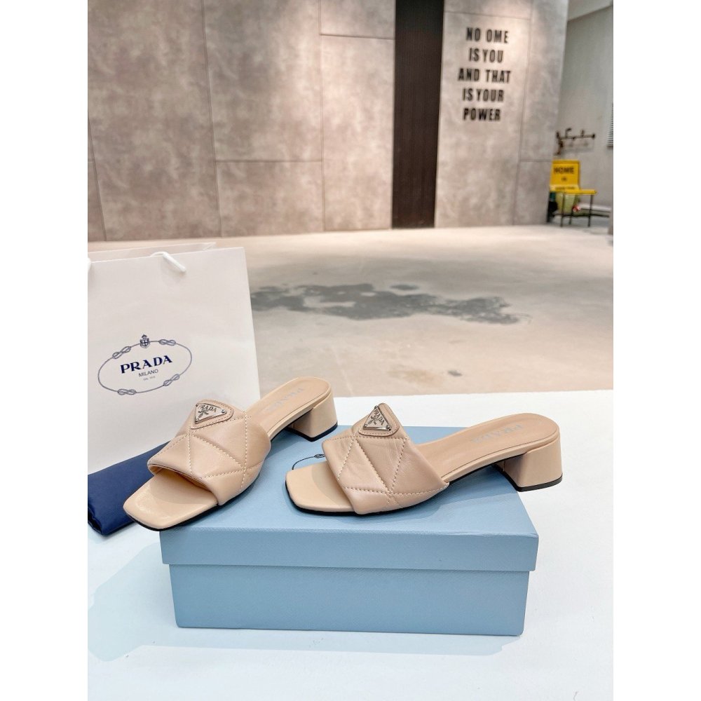 Cheap Reps Prada Womens Slides Sandals 35mm in Beige Nappa Leather