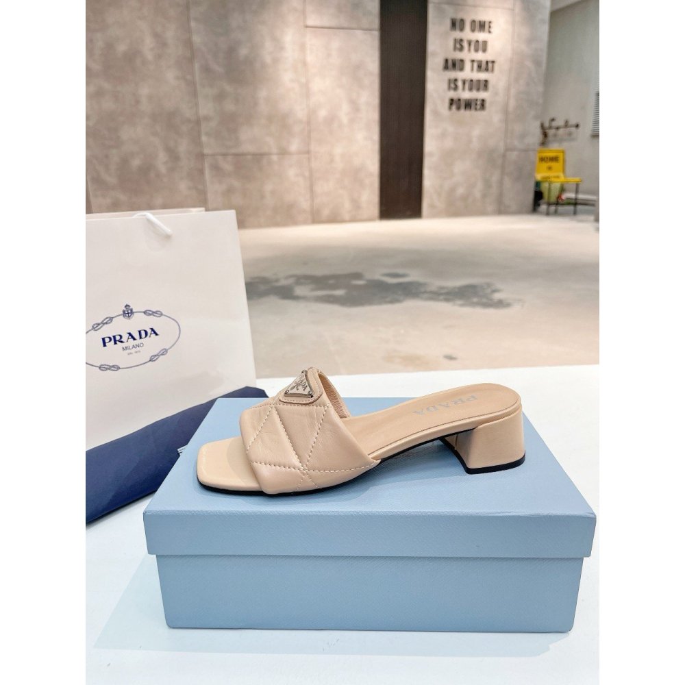 Cheap Reps Prada Womens Slides Sandals 35mm in Beige Nappa Leather