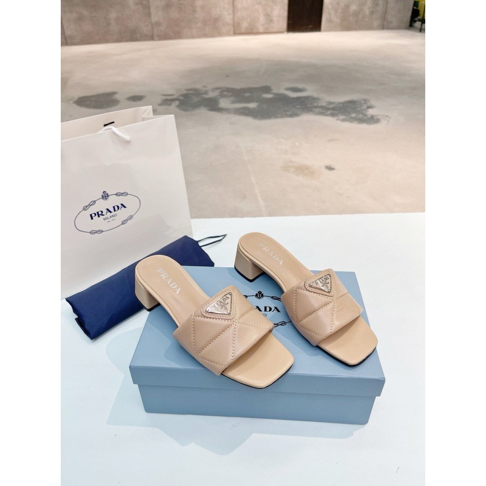 Cheap Reps Prada Womens Slides Sandals 35mm in Beige Nappa Leather