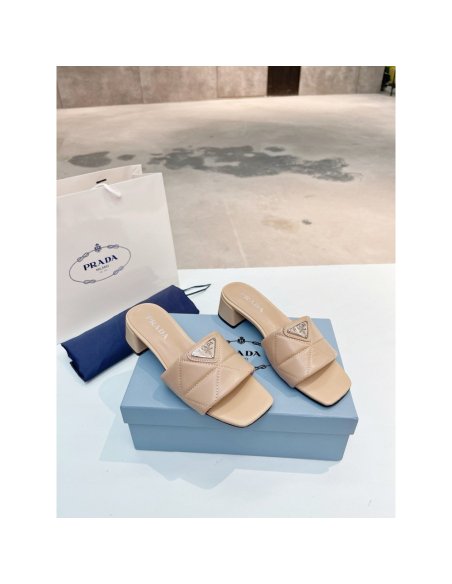 Cheap Reps Prada Womens Slides Sandals 35mm in Beige Nappa Leather