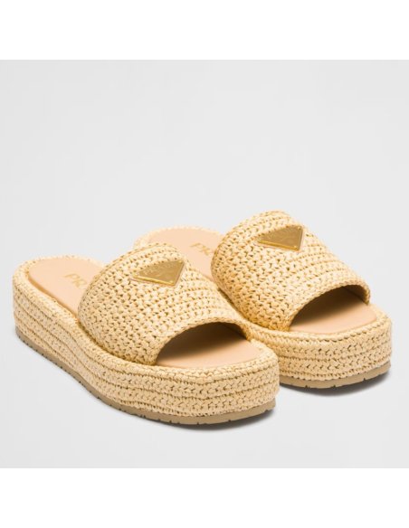 Cheap Reps Prada Crochet Flatform Slides in Beige Raffia-effect Yarn