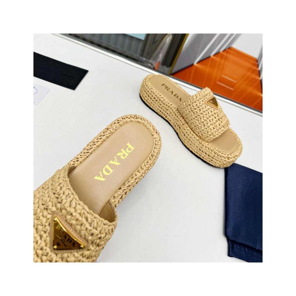 Cheap Reps Prada Crochet Flatform Slides in Beige Raffia-effect Yarn