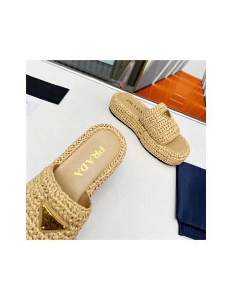 Cheap Reps Prada Crochet Flatform Slides in Beige Raffia-effect Yarn