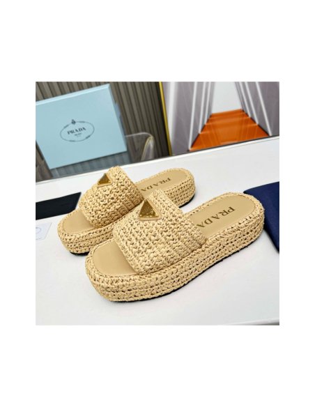 Cheap Reps Prada Crochet Flatform Slides in Beige Raffia-effect Yarn