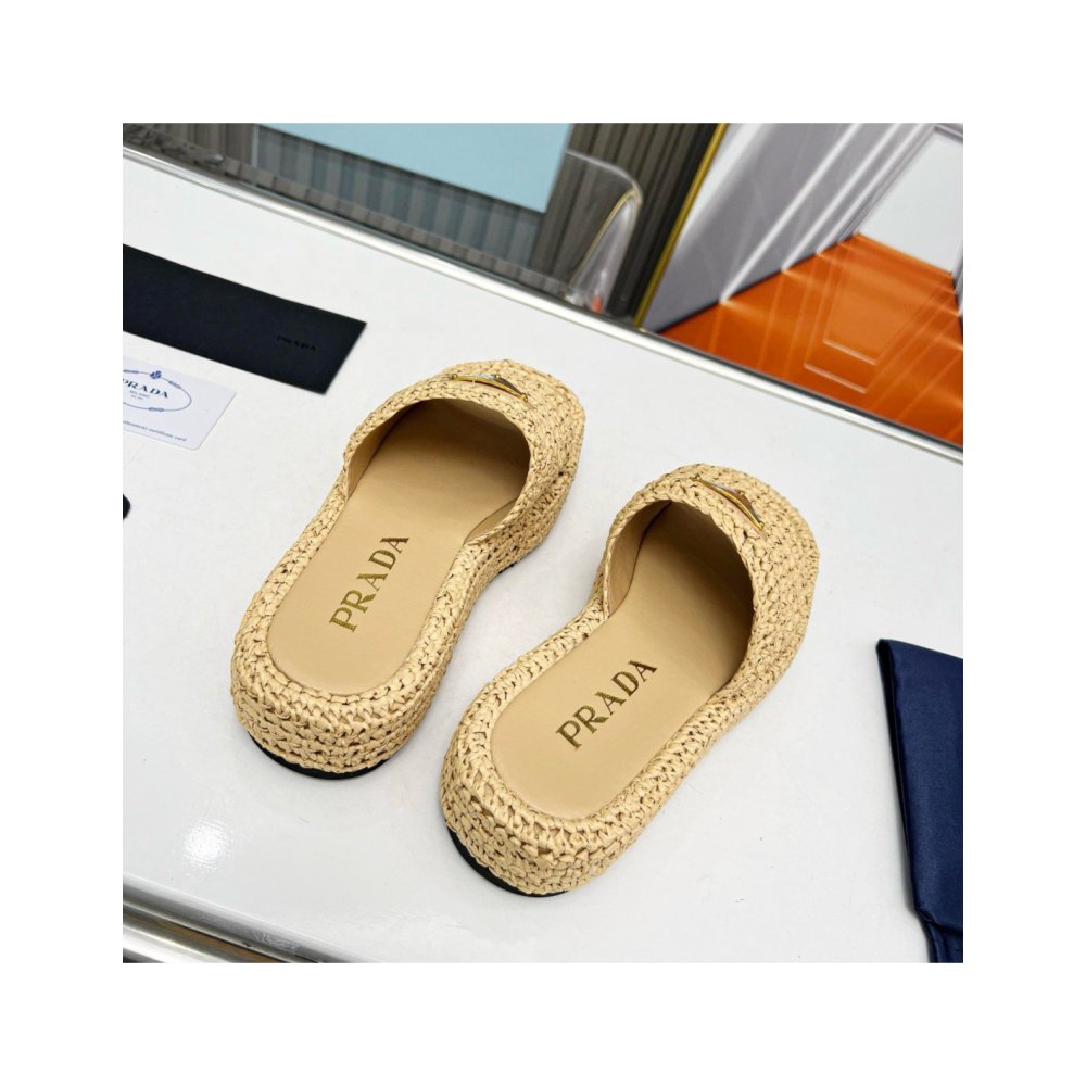 Cheap Reps Prada Crochet Flatform Slides in Beige Raffia-effect Yarn