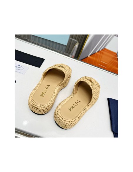 Cheap Reps Prada Crochet Flatform Slides in Beige Raffia-effect Yarn