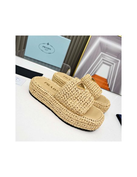 Cheap Reps Prada Crochet Flatform Slides in Beige Raffia-effect Yarn