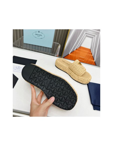 Cheap Reps Prada Crochet Flatform Slides in Beige Raffia-effect Yarn