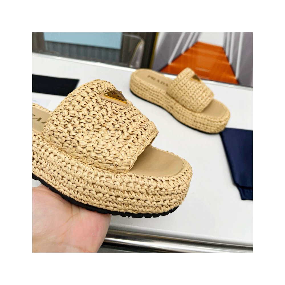 Cheap Reps Prada Crochet Flatform Slides in Beige Raffia-effect Yarn