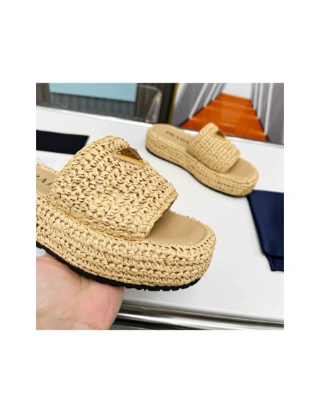 Cheap Reps Prada Crochet Flatform Slides in Beige Raffia-effect Yarn