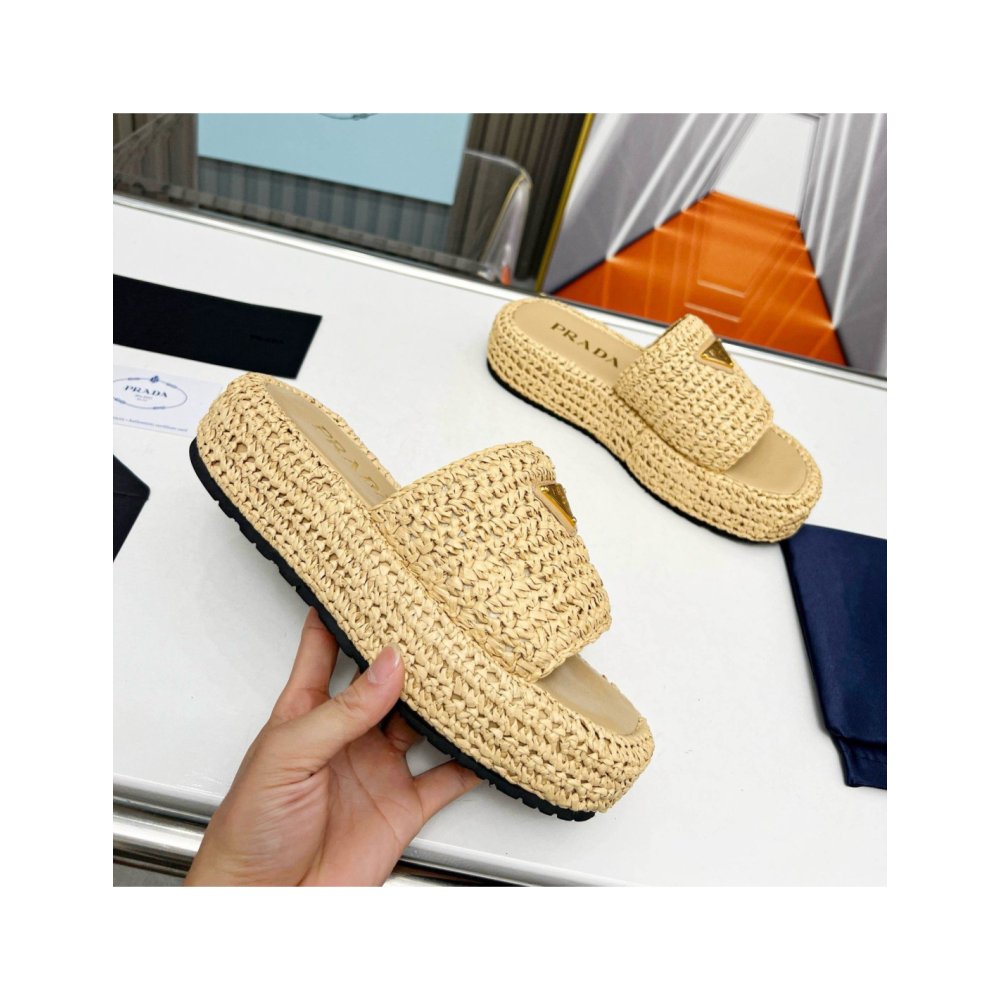 Cheap Reps Prada Crochet Flatform Slides in Beige Raffia-effect Yarn