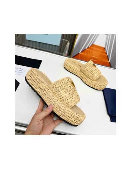 Cheap Reps Prada Crochet Flatform Slides in Beige Raffia-effect Yarn
