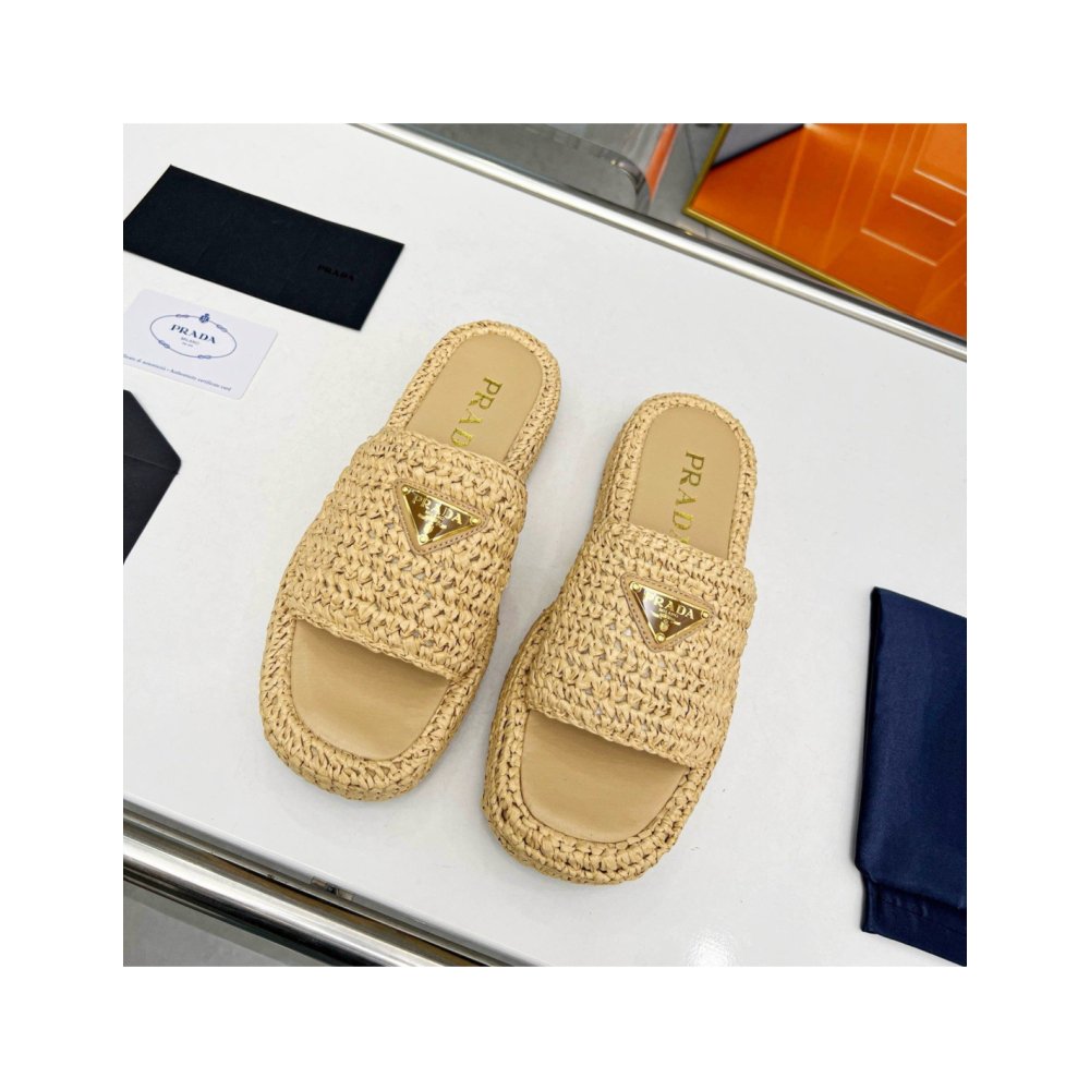 Cheap Reps Prada Crochet Flatform Slides in Beige Raffia-effect Yarn