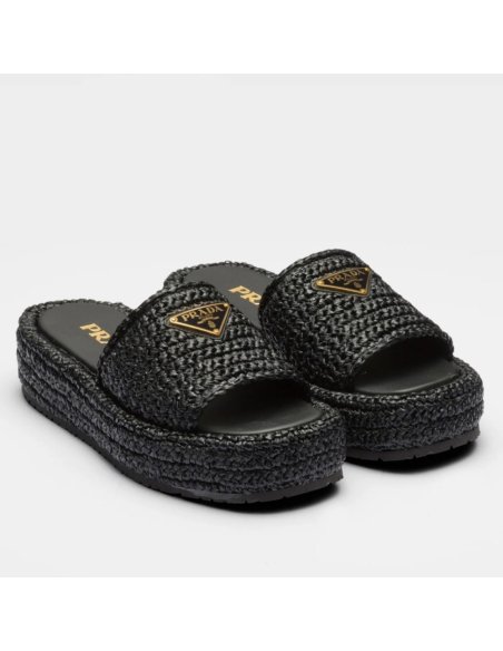 Cheap Reps Prada Crochet Flatform Slides in Black Raffia-effect Yarn