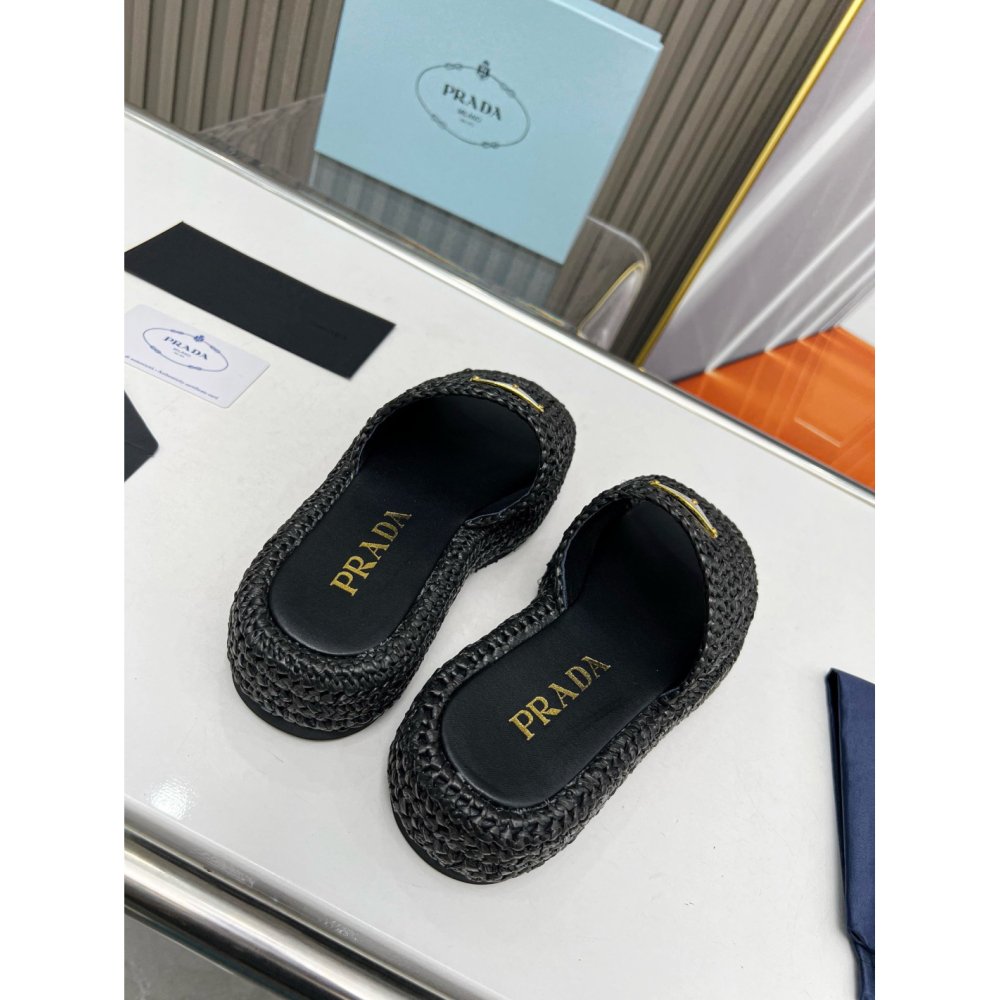 Cheap Reps Prada Crochet Flatform Slides in Black Raffia-effect Yarn