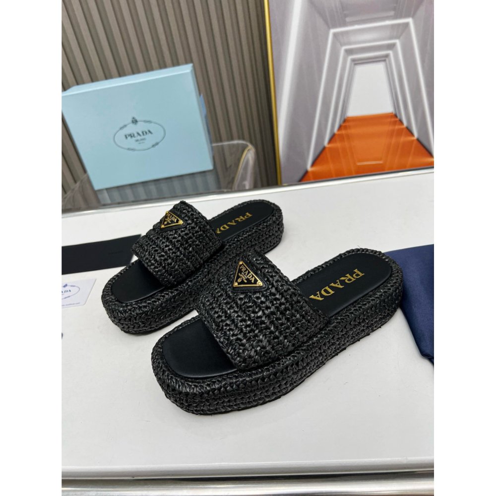 Cheap Reps Prada Crochet Flatform Slides in Black Raffia-effect Yarn