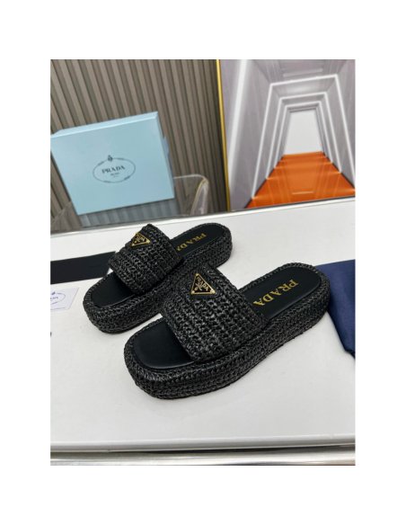 Cheap Reps Prada Crochet Flatform Slides in Black Raffia-effect Yarn